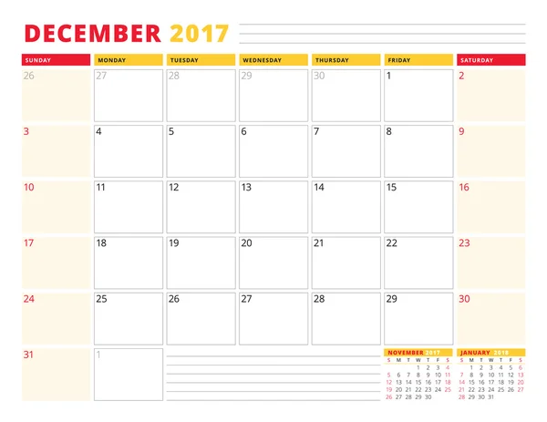 Calendar Planner Template for 2017 Year. December. Stationery Design. Week starts Sunday. 3 Months on Page. Vector Illustration — Stock vektor