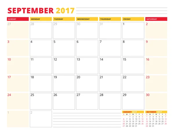 2017 yılı takvim planlayıcısı şablonu. Eylül. İleti örneği tasarımı. Haftası Pazar günü başlar. Sayfa 3 ay. Vektör çizim — Stok Vektör