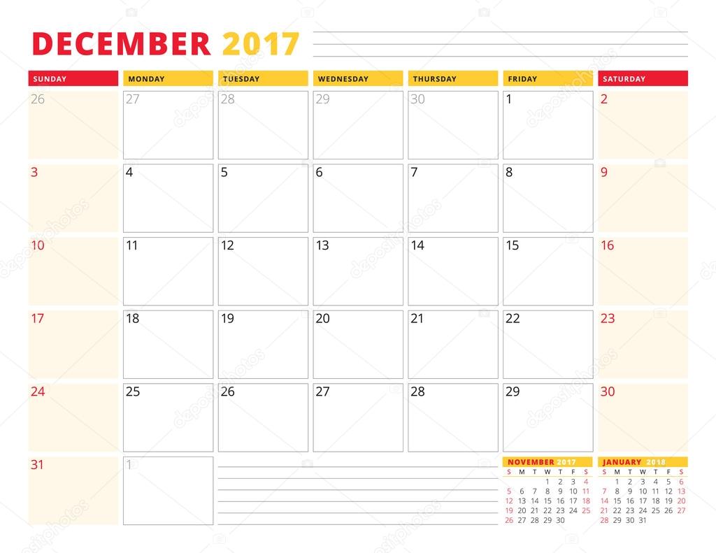 Calendar Planner Template for 2017 Year. December. Stationery Design. Week starts Sunday. 3 Months on Page. Vector Illustration