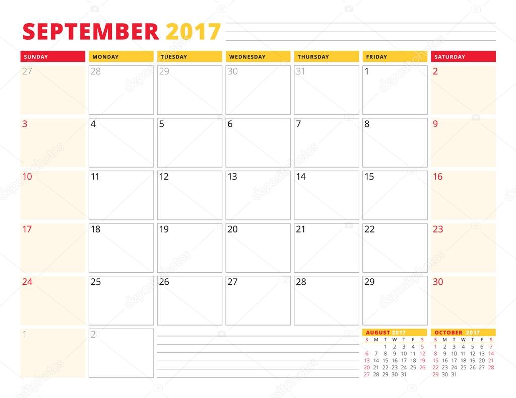 Calendar Planner Template for 2017 Year. September. Stationery Design. Week starts Sunday. 3 Months on Page. Vector Illustration