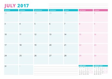 2017 yılı takvim planlayıcısı şablonu. Temmuz. İş planlayıcısı şablonu. İleti örneği tasarımı. Hafta Pazartesi başlıyor. Vektör çizim