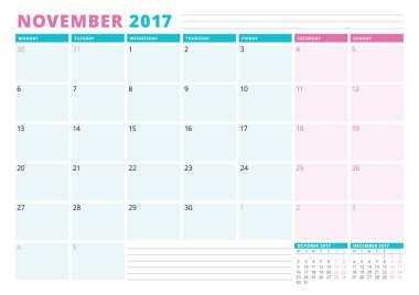 2017 yılı takvim planlayıcısı şablonu. Kasım. İş planlayıcısı şablonu. İleti örneği tasarımı. Hafta Pazartesi başlıyor. Vektör çizim