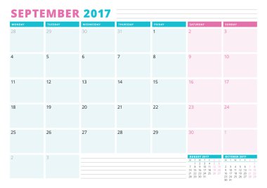 2017 yılı takvim planlayıcısı şablonu. Eylül. İş planlayıcısı şablonu. İleti örneği tasarımı. Hafta Pazartesi başlıyor. Vektör çizim