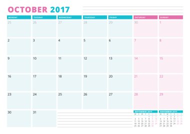 2017 yılı takvim planlayıcısı şablonu. Ekim. İş planlayıcısı şablonu. İleti örneği tasarımı. Hafta Pazartesi başlıyor. Vektör çizim