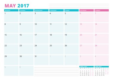 2017 yılı takvim planlayıcısı şablonu. Olabilir. İş planlayıcısı şablonu. İleti örneği tasarımı. Hafta Pazartesi başlıyor. Vektör çizim