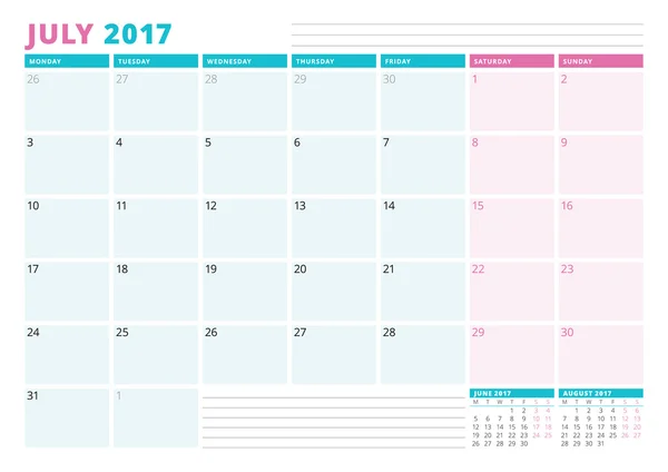 Plantilla de planificador de calendario para 2017 Año. Julio. Plantilla de Planificador de Negocios. Diseño de Papelería. La semana comienza el lunes. Ilustración vectorial — Vector de stock