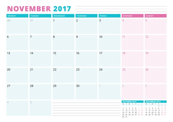 Modèle de planificateur de calendrier pour 2017 Année. Novembre. Modèle de planificateur d'activités. Papeterie Design. La semaine commence lundi. Illustration vectorielle — Image vectorielle