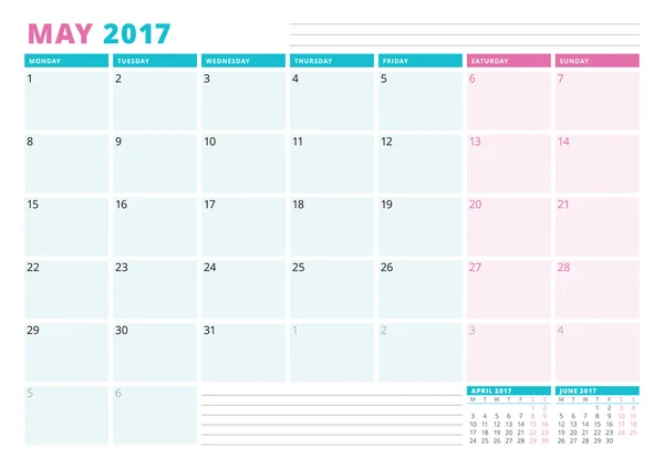 Planner kalendarz szablon do 2017 roku. Może. Szablon planowania biznesowego. Projektowanie papeterii. Tydzień rozpoczyna się w poniedziałek. Ilustracja wektorowa — Wektor stockowy