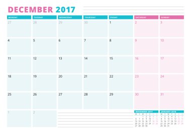 2017 yılı takvim planlayıcısı şablonu. Aralık. İş planlayıcısı şablonu. İleti örneği tasarımı. Hafta Pazartesi başlıyor. Vektör çizim
