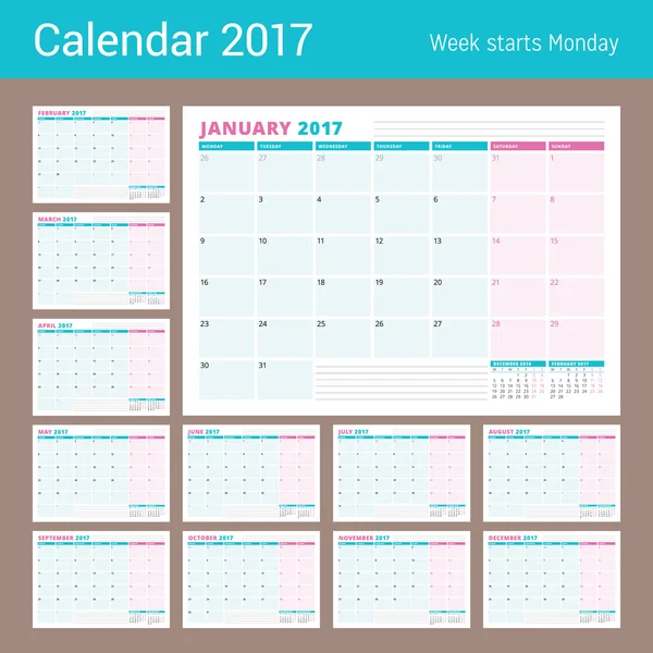 Plantilla de planificador de calendario para 2017 Año. Conjunto de 12 meses. Plantilla de Planificador de Negocios. Diseño de Papelería. La semana comienza el lunes. Ilustración vectorial — Vector de stock