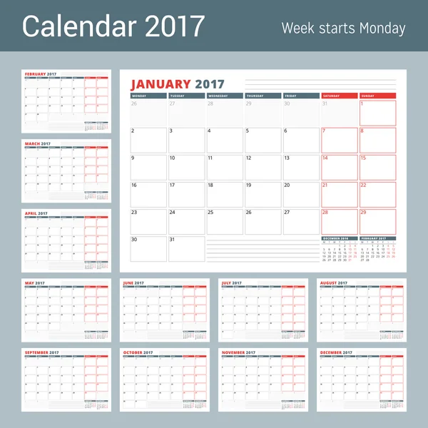 Plantilla de planificador de calendario para 2017 Año. Conjunto de 12 meses. Plantilla de Planificador de Negocios. Diseño de Papelería. La semana comienza el lunes. Ilustración vectorial — Archivo Imágenes Vectoriales