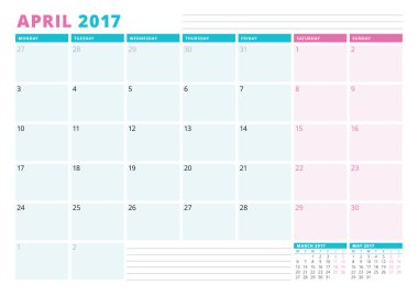 2017 yılı takvim planlayıcısı şablonu. Nisan. İş planlayıcısı şablonu. İleti örneği tasarımı. Hafta Pazartesi başlıyor. Vektör çizim