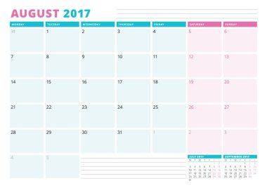 2017 yılı takvim planlayıcısı şablonu. Ağustos. İş planlayıcısı şablonu. İleti örneği tasarımı. Hafta Pazartesi başlıyor. Vektör çizim