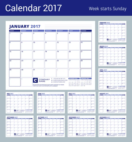 Agenda Planificateur 2017 Année. La semaine commence dimanche. Thème de couleur bleue. Papeterie Design. Ensemble de 12 mois — Image vectorielle