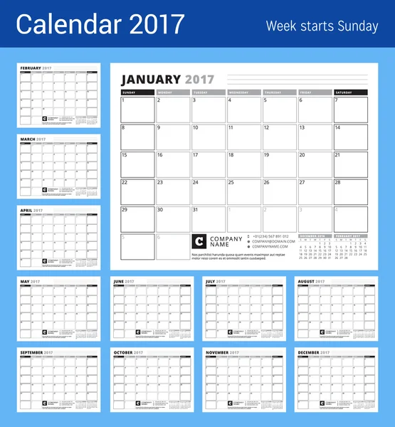 Calendário planejador para 2017 Ano. A semana começa no domingo. Tema de cor preto e branco. Desenho de papelaria. Conjunto de 12 Meses —  Vetores de Stock