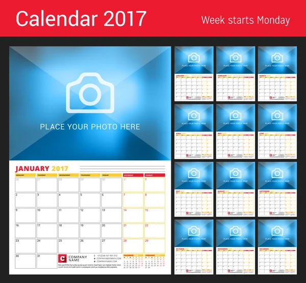 Wall Calendar Planner para 2017 Ano. Modelo de impressão vetorial com lugar para foto. A semana começa segunda-feira. 3 Meses na página —  Vetores de Stock