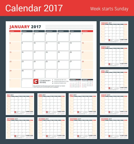 Plantilla de calendario para 2017 Año. Conjunto de 12 meses. Diseño de Papelería. La semana comienza el domingo. 3 meses en la página. Ilustración vectorial — Vector de stock