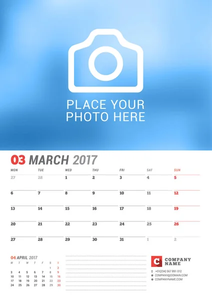 Fali naptár tervező 2017 évre. Vektor nyomtatási sablon hely a fénykép. A héten kezdődik hétfőn. 2 hónap oldalon. Március — Stock Vector