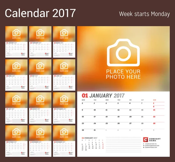 Wall Calendar Planner para 2017 Ano. Modelo de impressão vetorial com lugar para foto. A semana começa segunda-feira. Conjunto de 12 Meses —  Vetores de Stock
