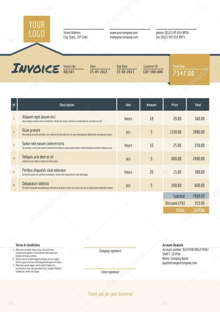 Business invoice template. Stationery design. Vector illustration. Invoice form. Golden and black color theme