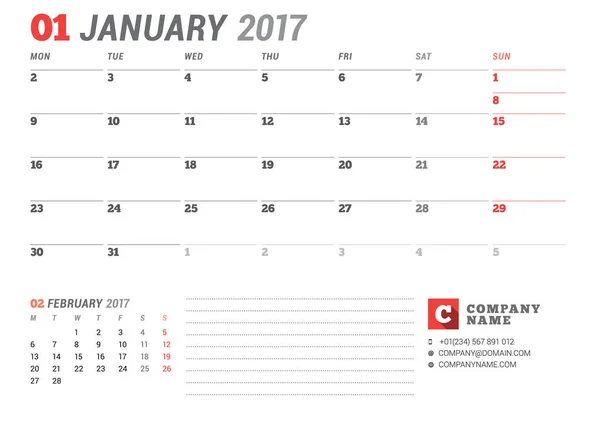 Janvier 2017. Modèle de calendrier pour 2017 Année. Papeterie Design. La semaine commence lundi. Modèle de plan d'affaires avec place pour le logo de l'entreprise et coordonnées. Illustration vectorielle — Image vectorielle