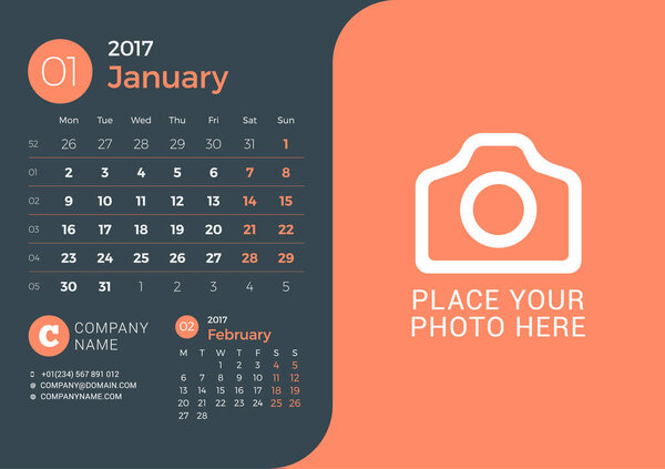 Calendar for 2017 Year. Vector Print Template with Place for Photo on Dark Background. January 2017. Week Starts Sunday. 3 Months on Page