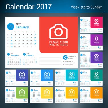 2017 yıl için takvim. Vektör tasarım fotoğraf ve şirket logosu için yer yazdırma şablonu. 12 ay kümesi. Hafta başlar Pazar. Sayfa 3 ay
