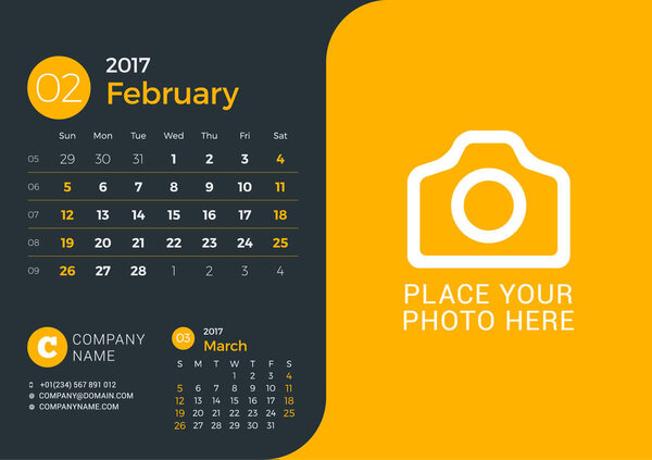 Calendar Template for 2017 Year. Vector Print Template with Place for Photo and Company Information on Dark Background. February 2017. Week Starts Sunday. 3 Months on Page