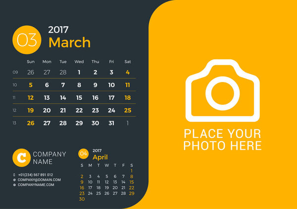 Calendar Template for 2017 Year. Vector Print Template with Place for Photo and Company Information on Dark Background. March 2017. Week Starts Sunday. 3 Months on Page