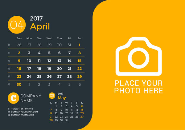 Calendar Template for 2017 Year. Vector Print Template with Place for Photo and Company Information on Dark Background. April 2017. Week Starts Sunday. 3 Months on Page