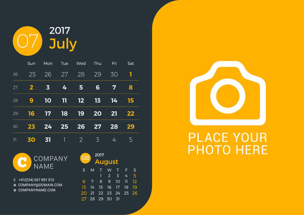 Calendar Template for 2017 Year. Vector Print Template with Place for Photo and Company Information on Dark Background. July 2017. Week Starts Sunday. 3 Months on Page