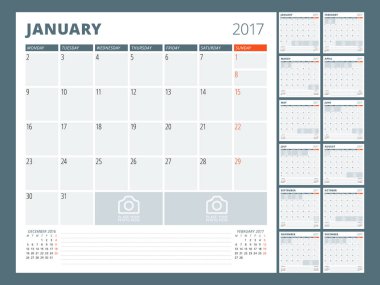 Takvim şablonu 2017 yıl için. Vektör çizim. Hafta Pazartesi günü başlar