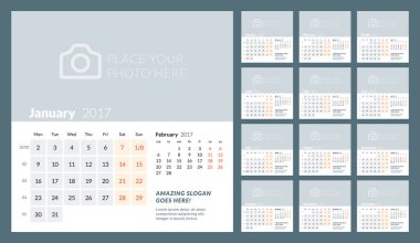 Takvim şablonu 2017 yıl için. Vektör çizim. Hafta Pazartesi günü başlar