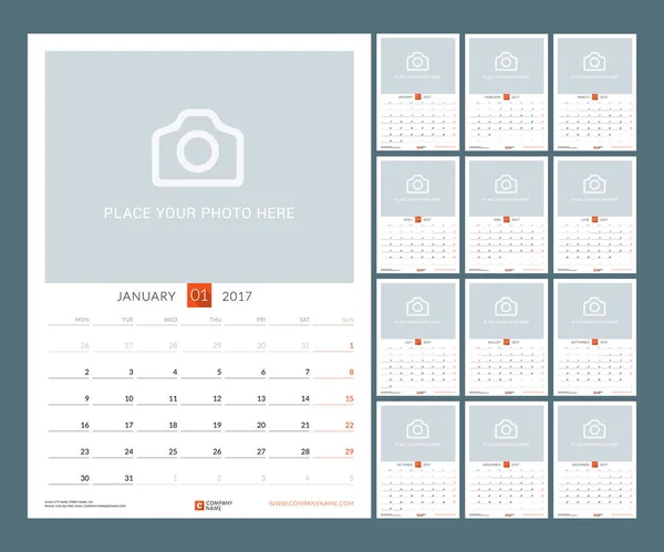 Modèle de calendrier pour 2017 Année. Illustration vectorielle. La semaine commence le lundi — Image vectorielle
