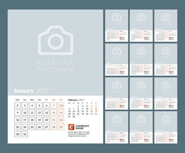 Szablon kalendarza na rok 2017. Ilustracja wektorowa. Tydzień rozpoczyna się w poniedziałek — Wektor stockowy
