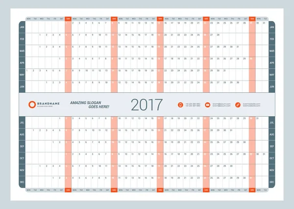 Modelo de calendário para 2017 Ano. Ilustração vetorial. Semana começa na segunda-feira — Vetor de Stock