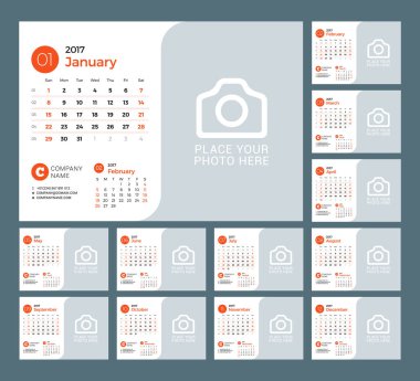 Takvim şablonu 2017 yıl için. Vektör çizim. Hafta Pazar günü başlar