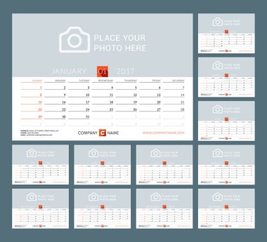 Takvim şablonu 2017 yıl için. Vektör çizim. Hafta Pazar günü başlar