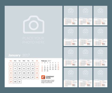 Takvim şablonu 2017 yıl için. Vektör çizim. Hafta Pazar günü başlar