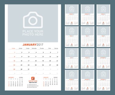 Takvim şablonu 2017 yıl için. Vektör çizim. Hafta Pazar günü başlar