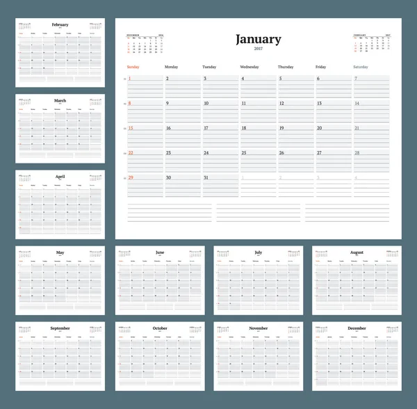 Calendar Template for 2017 Year. Vector Illustration. Week Starts on Sunday — Stock Vector