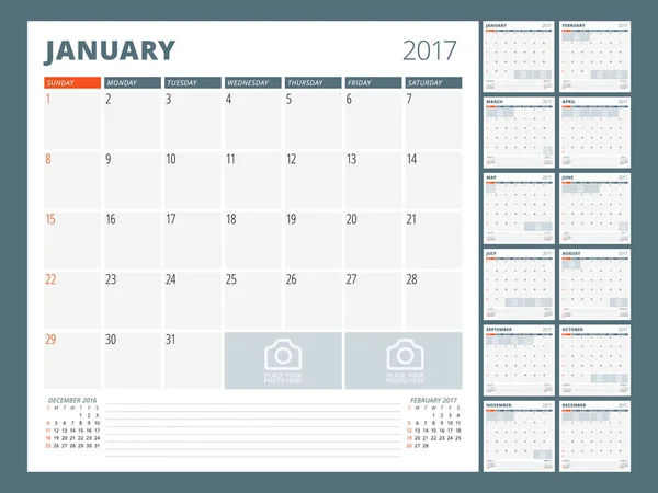 Kalendersjabloon voor 2017 jaar. Vectorillustratie. Week begint op zondag — Stockvector