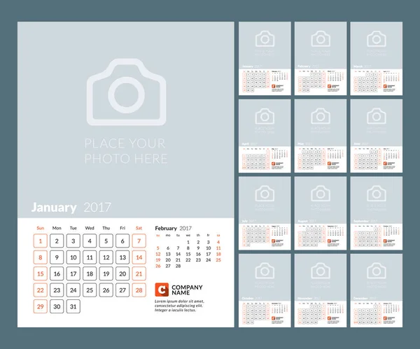 Szablon kalendarza na rok 2017. Ilustracja wektorowa. Tydzień rozpoczyna się w niedzielę — Wektor stockowy