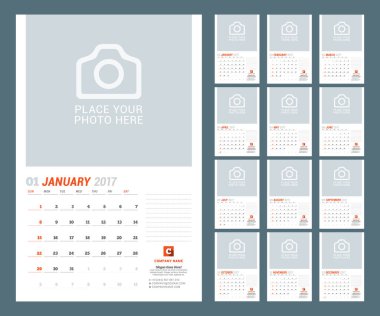 Takvim şablonu 2017 yıl için. Vektör çizim. Hafta Pazar günü başlar