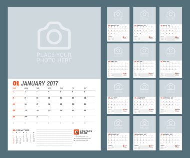 Takvim şablonu 2017 yıl için. Vektör çizim. Hafta Pazar günü başlar