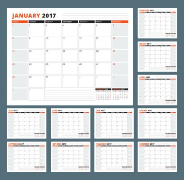 Takvim şablonu 2017 yıl için. Vektör çizim. Hafta Pazar günü başlar