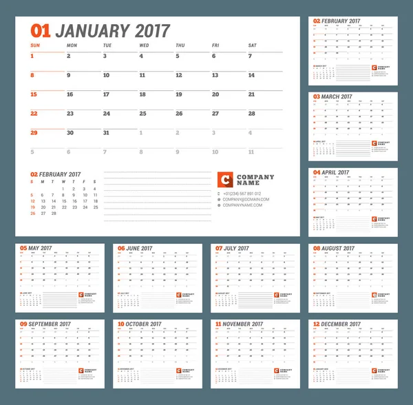 Modelo de calendário para 2017 Ano. Ilustração vetorial. Semana começa no domingo — Vetor de Stock