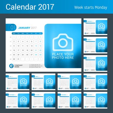 Masa takvimi 2017 yıl için. Vektör tasarım yer için fotoğraf yazdırma şablonu. Hafta Pazartesi günü başlar. Takvim kılavuzu hafta numaraları ile