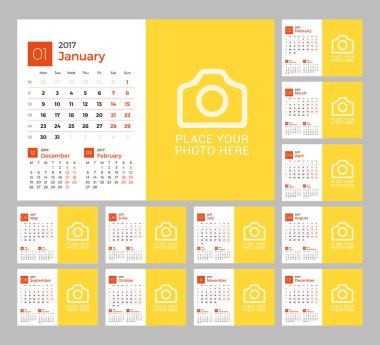 Takvim şablonu 2017 yıl için. Vektör çizim. Hafta Pazartesi günü başlar