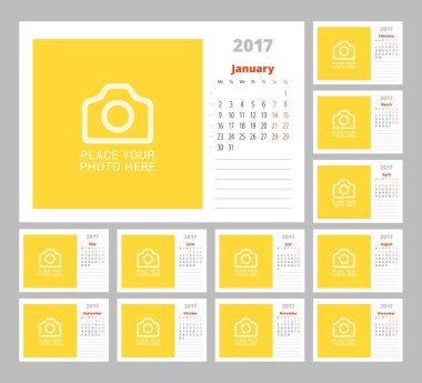 Takvim şablonu 2017 yıl için. Vektör çizim. Hafta Pazartesi günü başlar